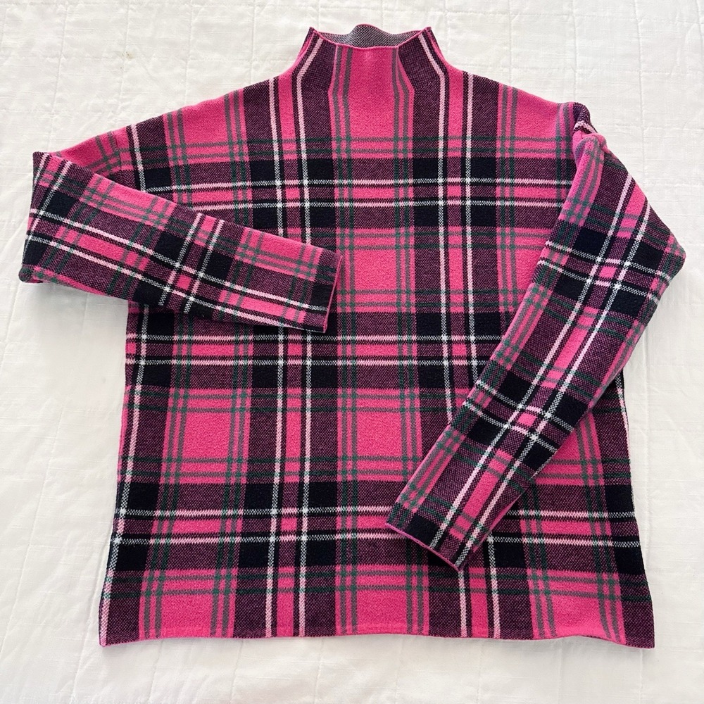 Tahari Plaid Mock Neck Pullover Sweater Women's LARGE Pink Plaid Preppy